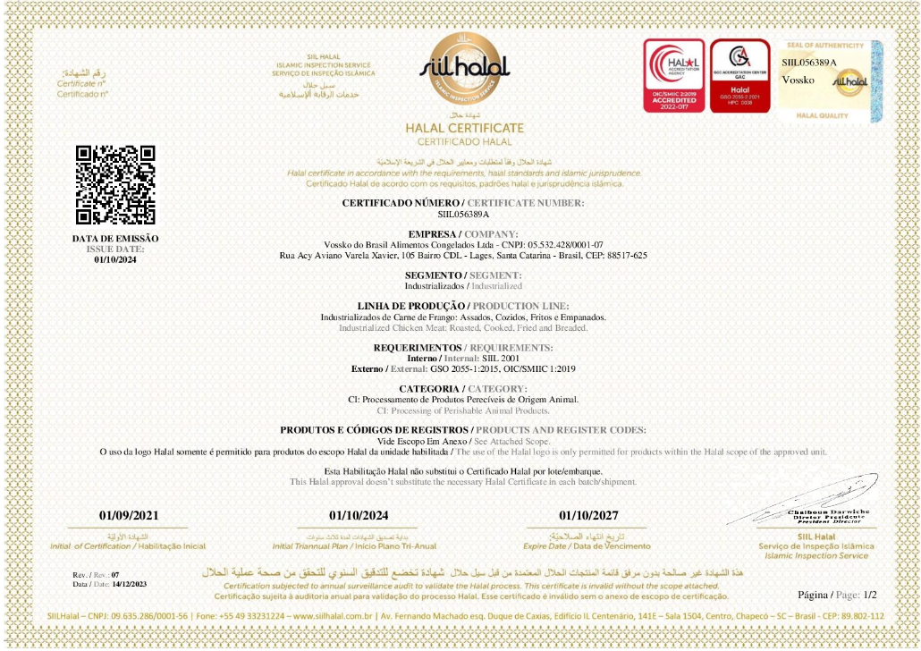 IQF CHICKEN VOSSKO Halal Certificate Expires 01.10.2027