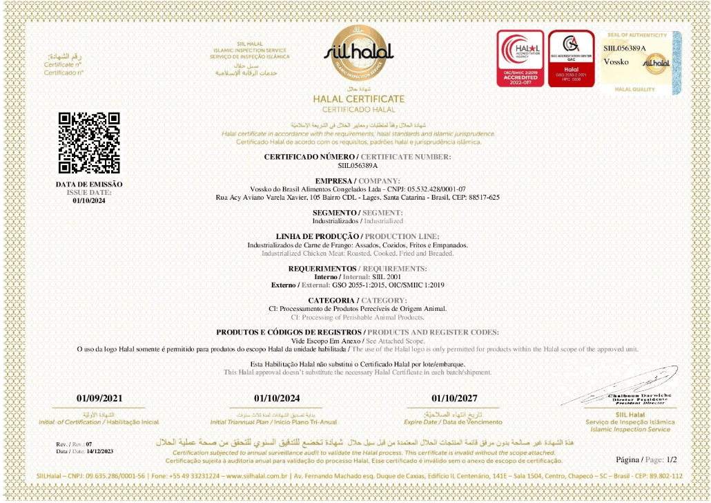 Halal IQF Chicken Vossko certificate